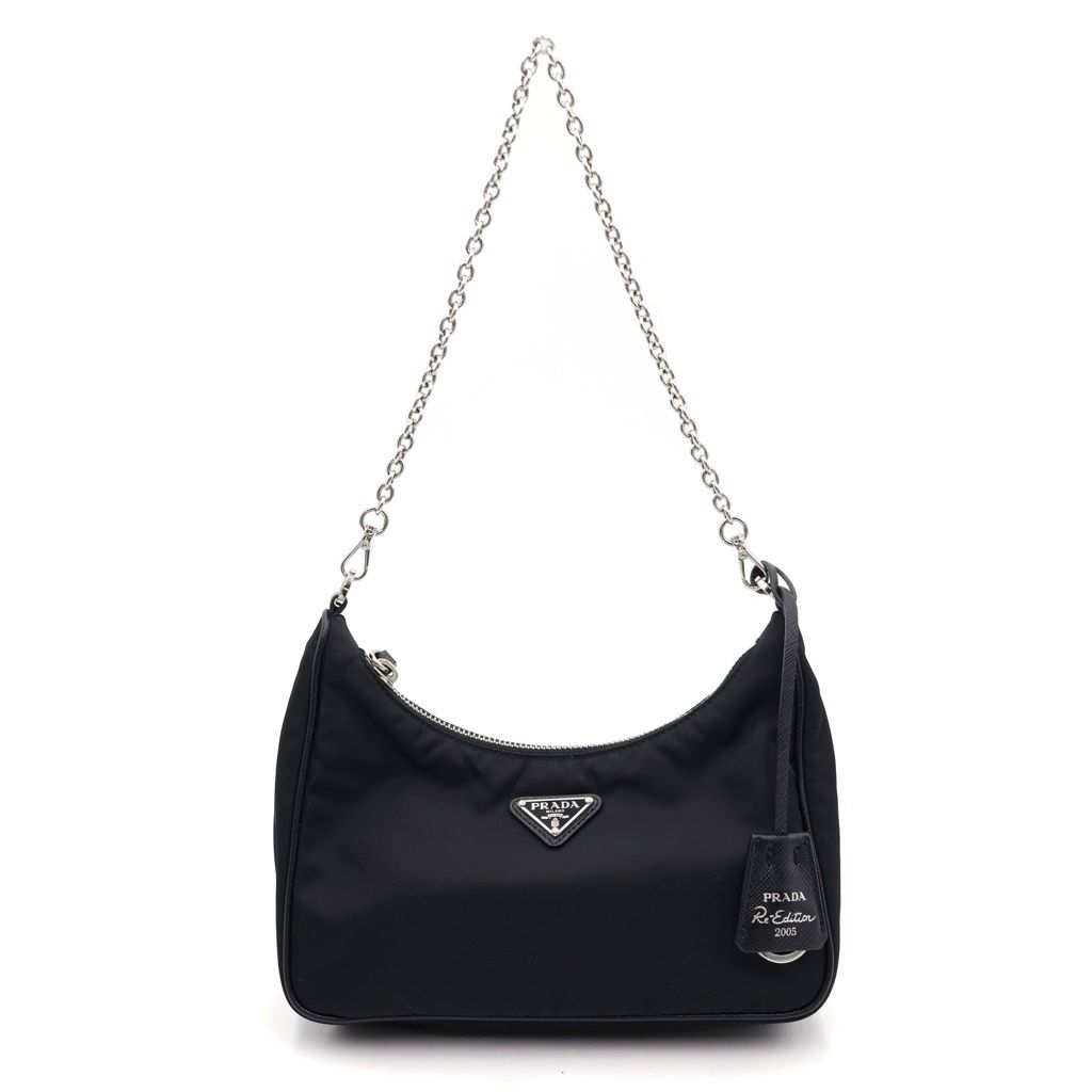 PRADA (プラダ) リナイロン ショルダーバッグ チェーンハンドバッグ ブラック ナイロン IBH204 シルバー金具 110,000円