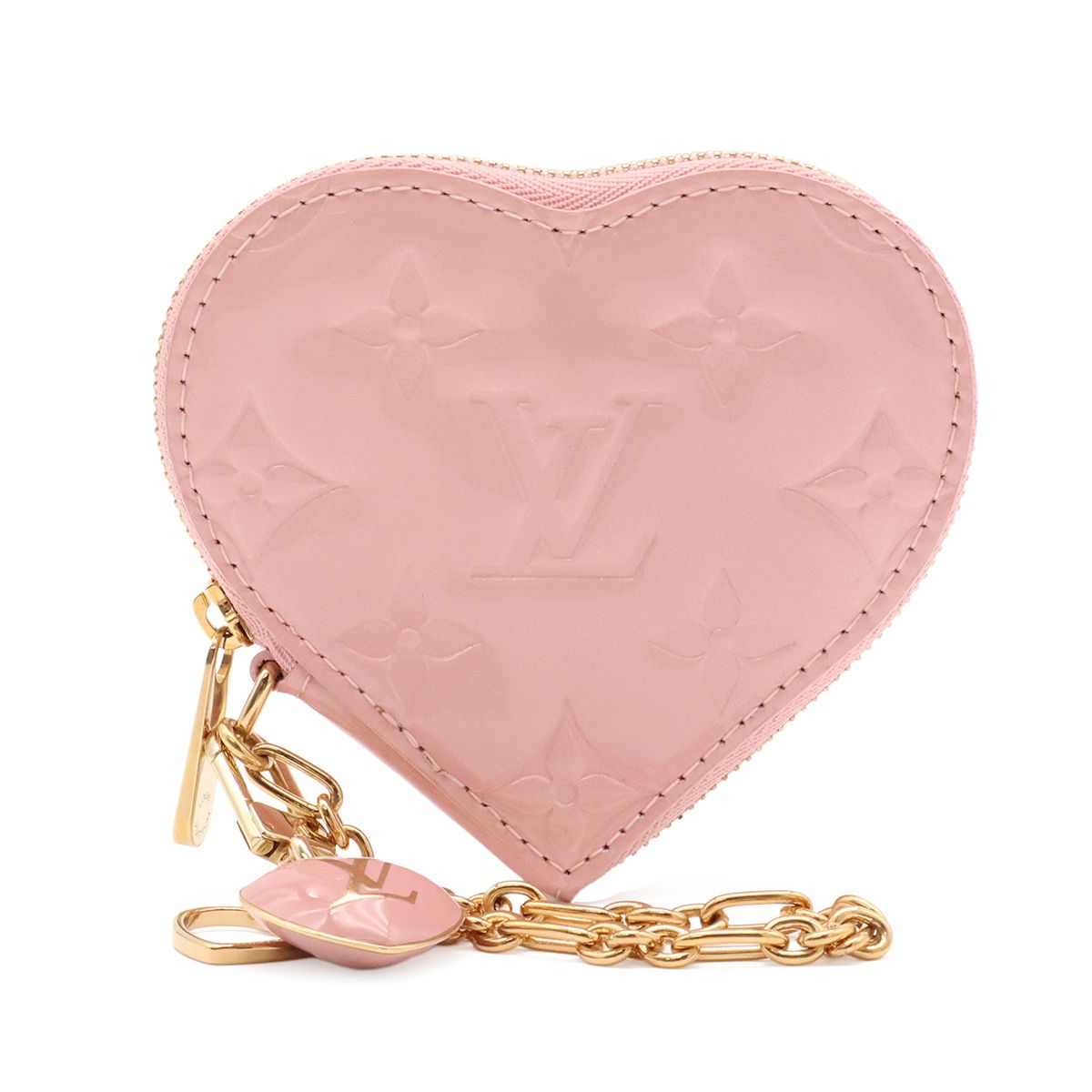 LOUIS VUITTON ルイ ヴィトン モノグラムヴェルニ ポルト モネ クール コインケース 小銭入れ ハート型 ローズパール ピンク チェーン付き M91431