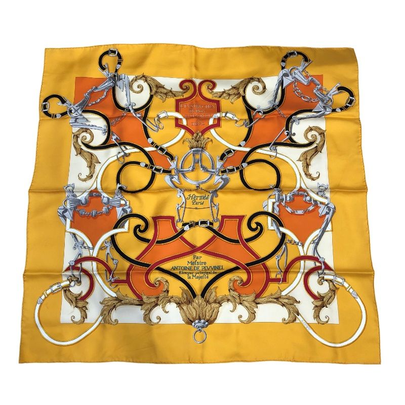 HERMES エルメス スカーフ カレ90 L'INSTRVCTION DV ROY 帝王学 イエロー系 シルク100％ フランス製 【中古】 22607K417