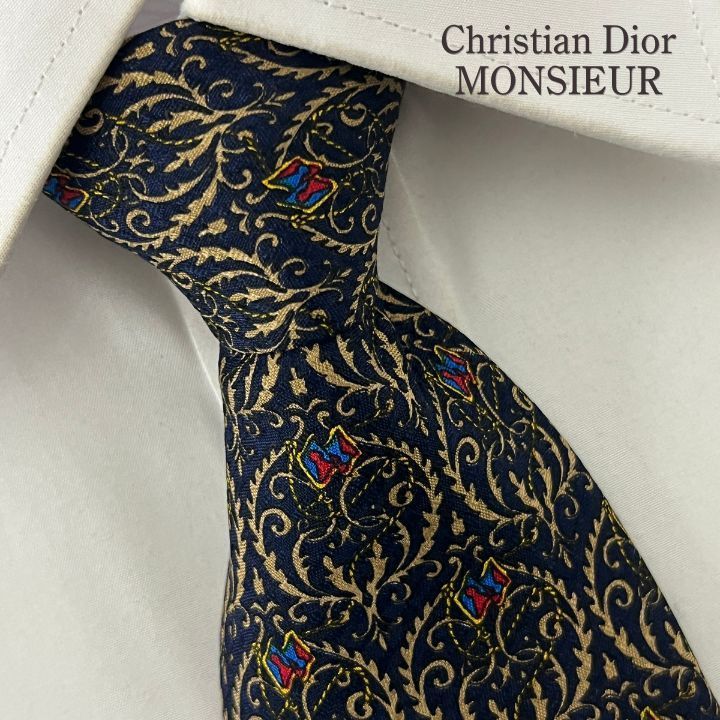《未使用級》Christian Dior MONSIEUR (クリスチャン ディオール ムッシュ) シルクネクタイ 総柄 クラシック バロック ヴィンテージ 小紋 唐草模様 ボタニカル ブラック ゴールド ブルー レッド イエロー タグ付き 8,050円