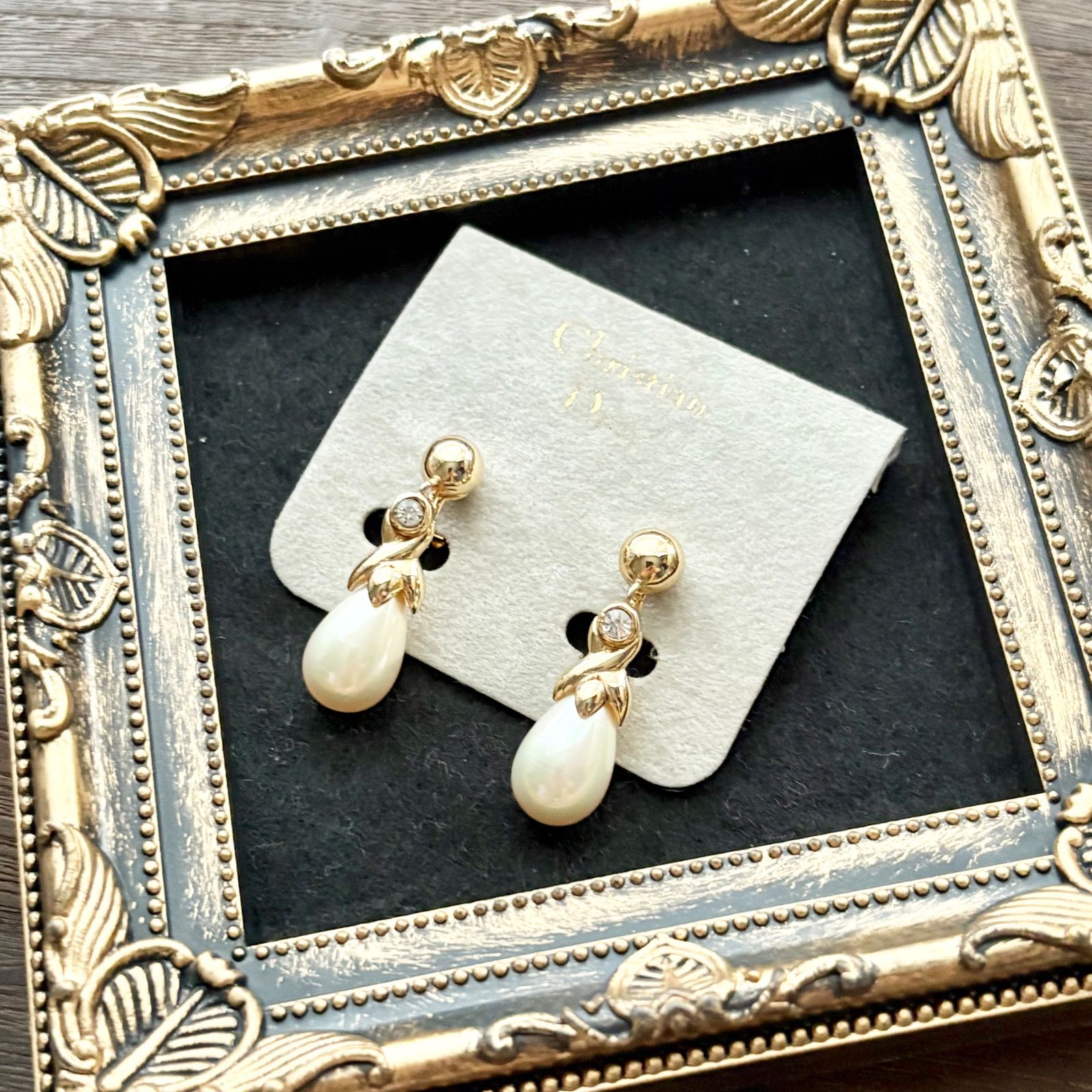 【極美品】Christian Dior クリスチャン ディオール イヤリング パール 大粒 ラインストーン ゴールド ヴィンテージ
