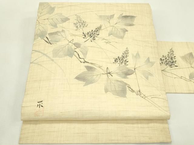 平和屋着物*夏物 九寸名古屋帯 作家物 手描き 草花文 麻 逸品 CABL5276rv