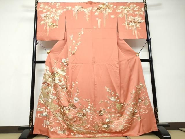 平和屋着物●訪問着　駒刺繍　扇面草花文　金彩　正絹　逸品　DABI9471ud