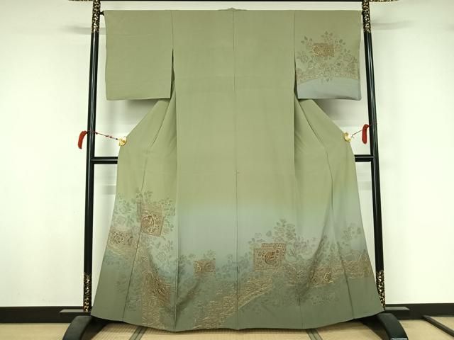 平和屋着物▽訪問着　単衣　中国三大刺繍　スワトウ刺繍　汕頭刺繍　総刺繍　花鳥文　暈し染め　金糸　正絹　逸品　AABL6773jh