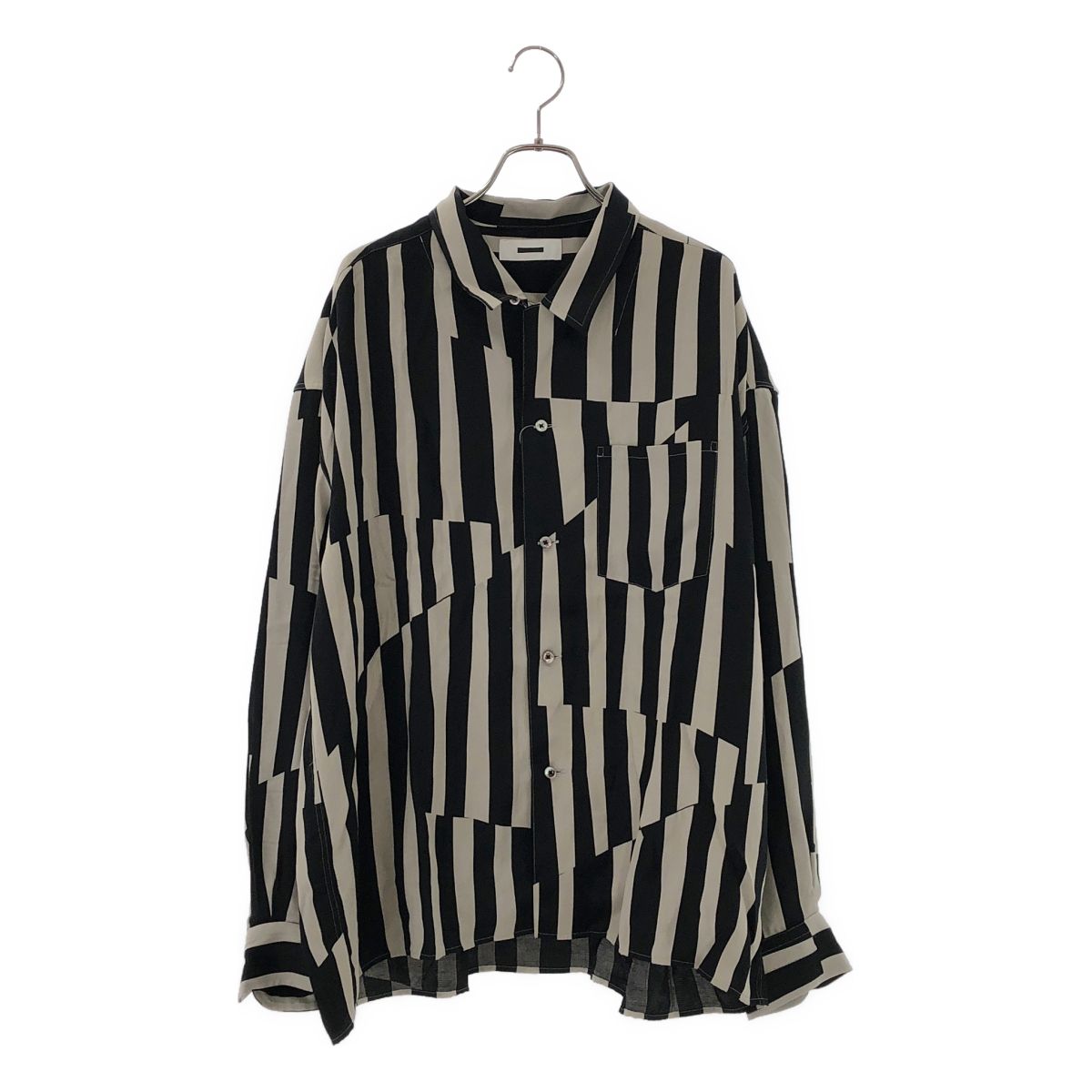 【美品】 REVERBERATE / リバーバレイト | OPEN COLLAR SHIRT ストライプシャツ | 2 | ブラック/グレージュ | メンズ