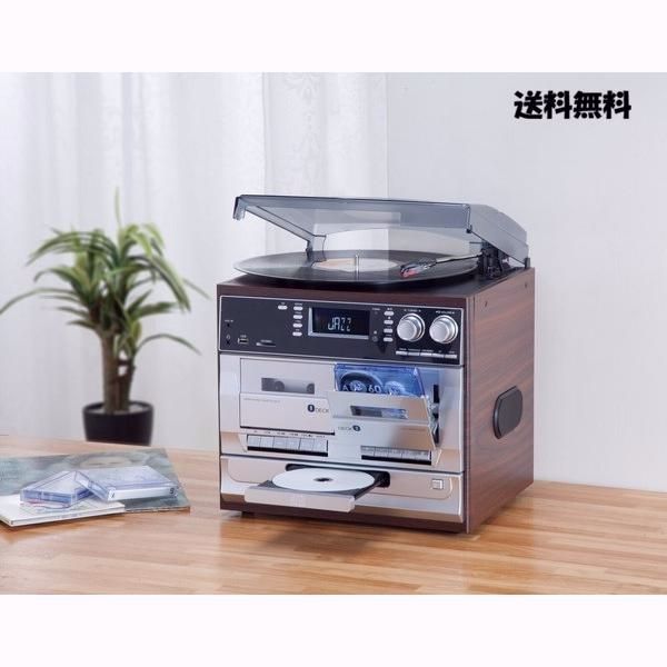 【送料無料】レコードもカセットも録音保存できる多機能マルチオーディオプレーヤー 一体型ブラウン コード:54177