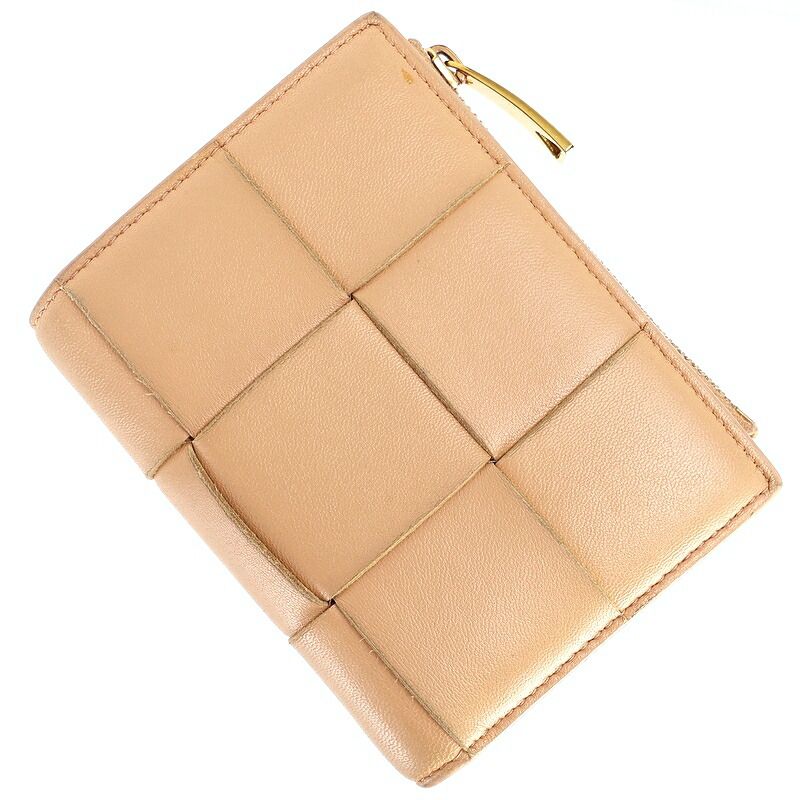 ボッテガヴェネタ 二つ折りウォレット マキシイントレチャート カセット ベージュ レザー 2つ折り財布 アクトワン【中古】