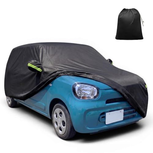 X AUTOHAUX スズキに対応 アルト/Alto用 車カバー 自動車ボディカバー 撥水防水 台風・梅雨対策 ブラック 355x148 x143cm | 防風ロープ付き、収納袋付き、アルミフィルム、スパンレース綿、雪/強風/黄砂対策、防塵、凍結防止、雹対AR