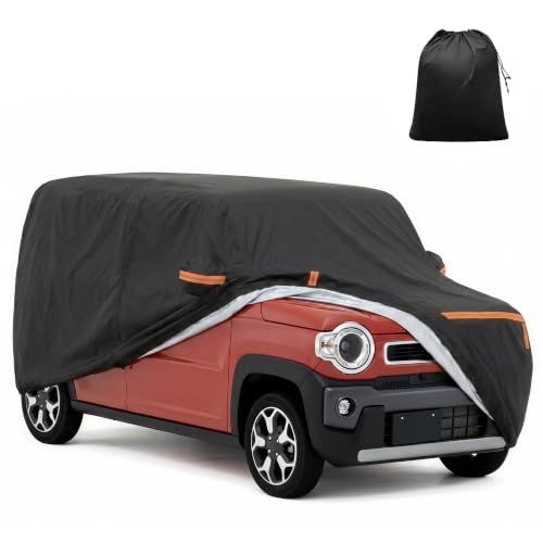 スズキに対応 ハスラー用 車体カバー 自動車ボディカバー 345x148 x150cm 5層構造 撥水防水 裏起毛 傷防止 ブラック | アルミ箔・スパンレース綿複合5層構造、右側ジッパー付き、オレンジ反射テープ7枚、腹下通し防風ベルト、前後ゴムバンド、収AR 6,645円