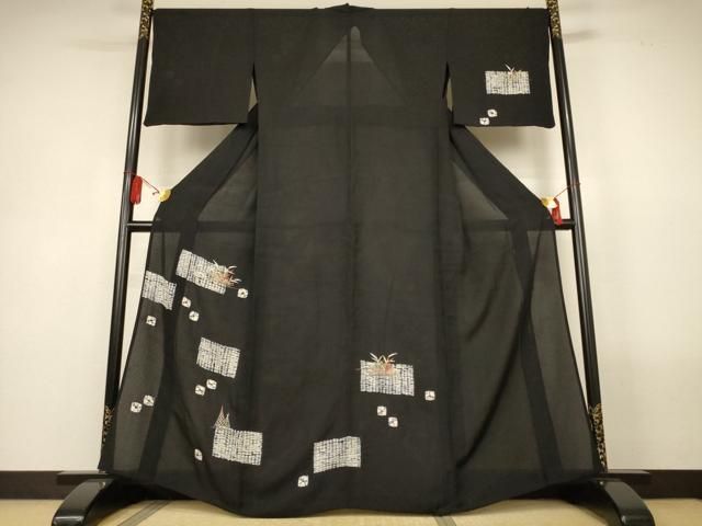 平和屋着物＊夏物　訪問着　紋絽　絞り　刺繍　風景文　黒地　松坂屋扱い　正絹　逸品　AABL5232jd