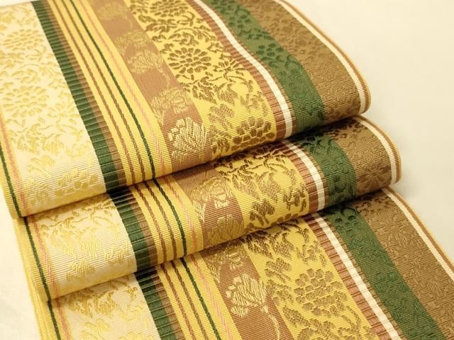 平和屋着物●本場筑前博多織　半幅帯　小野和也作　草花間道　証紙付き　正絹　逸品　CABK6136ak