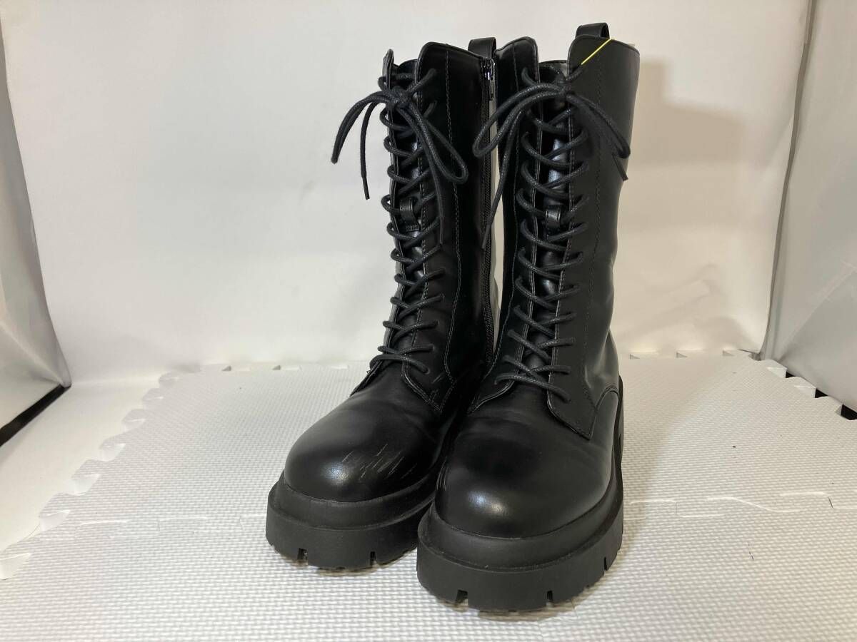 Heather ヘザー アソートミドルブーツ レースアップ ブラック サイズL 厚底約6cm サイドジップ 傷擦れ有り