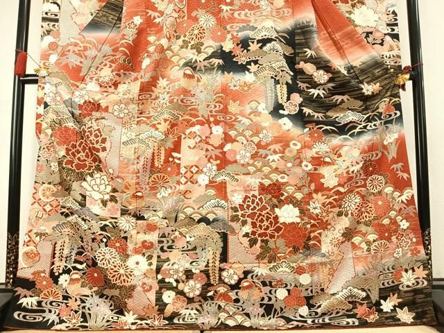 平和屋着物●豪華振袖　駒刺繍　松竹梅　花鳥文　暈し染め　金彩　正絹　逸品　AABK7814fy