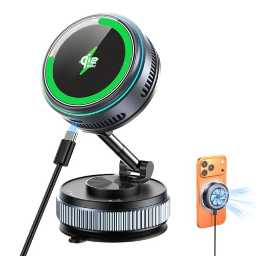 スマホホルダー 車 Qi2.2ワイヤレス充電器【25W急速充電+冷却ファン 】360度回転 角度調節可能 Magsafe 車載ホルダー 超強力磁石 安定性強化 落ちない 滑り止め 片手操作 1秒で着脱 ファン付き LEDライト車携帯ホルダー,iPhone ts