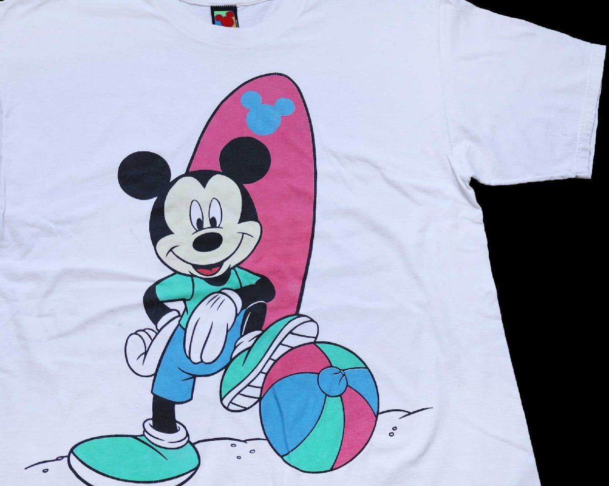 90s USA製 Disneyディズニー ミッキー マウス サーフボード ビーチ コットンTシャツ 白★オールド ビンテージ キャラ ビッグサイズ