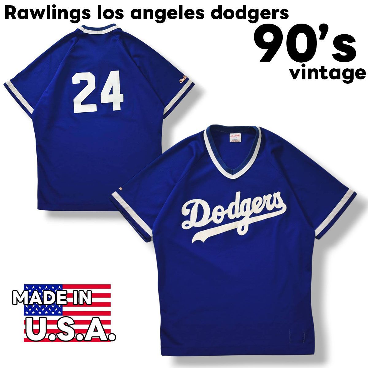 90s ヴィンテージ USA製 ローリングス Rawlings ロサンゼルス ドジャース los angeles dodgers 永久欠番 24 ウォルター オルストン 半袖 Vネック シャツ L ブルー メンズ