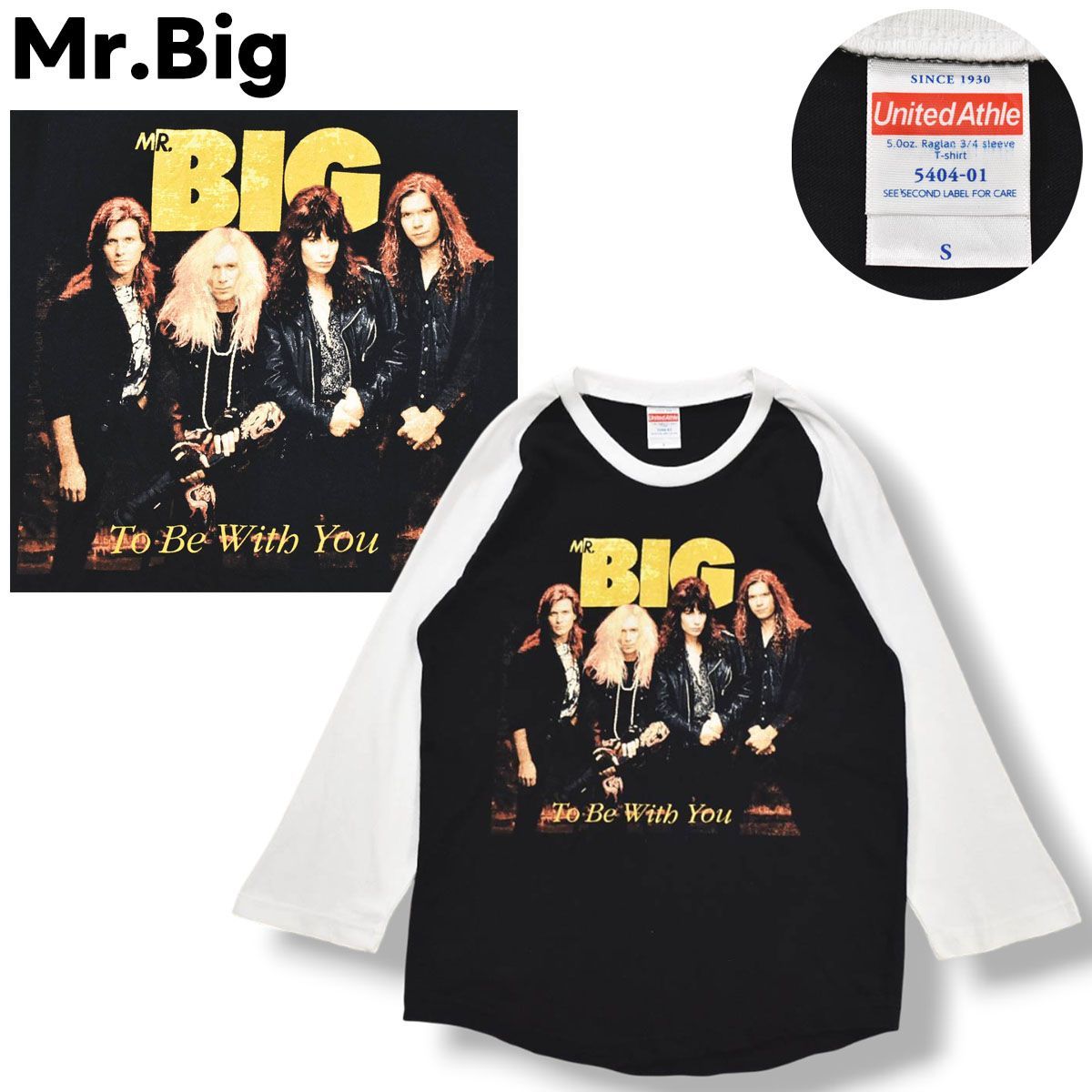 ミスタービッグ Mr．Big ジャパンツアー 2017 『 To Be With You 』 ヒットナンバー メンバー プリント ラグラン Tシャツ ユナイテッドアスレ 七分袖 S ブラック x ホワイト メンズ