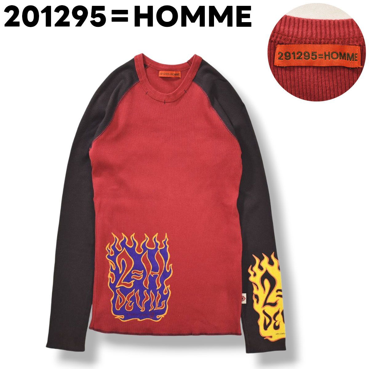 日本製 ニーキューイチニーキューゴーオム 201295＝HOMME 長袖 コットン テレコ ラグラン Tシャツ ロンT クルーネック カットオフ フレイム プリント F レッド x グレー メンズ