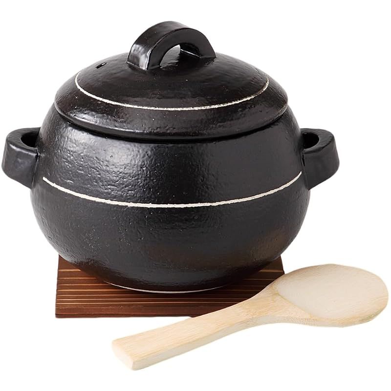 【新品】 エールネット(Ale-net) ご飯鍋 炊飯土鍋 18×18×高16cm ラインブラック ごはん鍋 3合炊 セット
