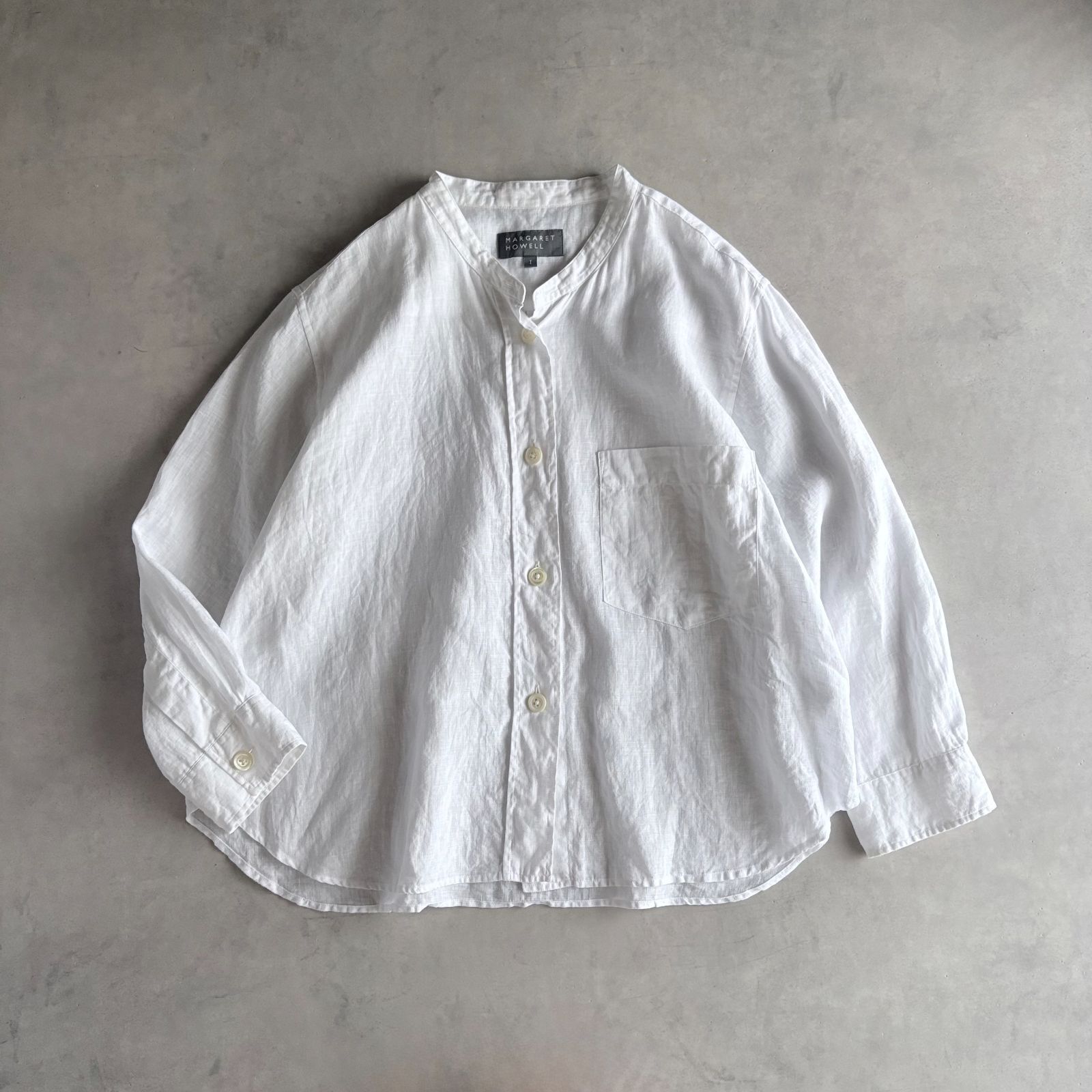 美品 / MARGARET HOWELL マーガレットハウエル / 2024SS LINEN VOILE リネン100% 長袖 バンドカラー シャツ / レディース F フリーサイズ / ホワイト / 日本製 / ブラウス / トップス