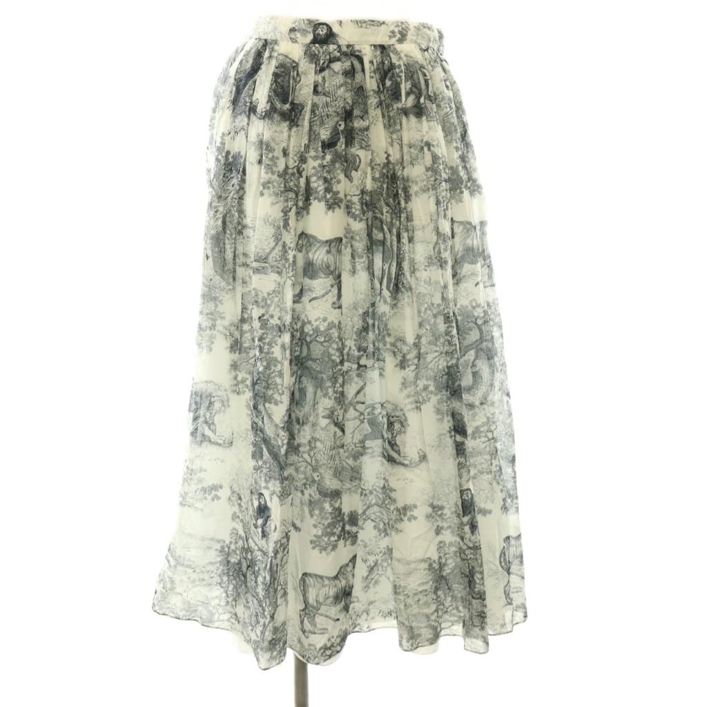 クリスチャンディオール Christian Dior TOILE DE JOUY 総柄 スカート フレア シアー ギャザー インナー付き I 40 白 ホワイト 紺 ネイビー /CX ■OS