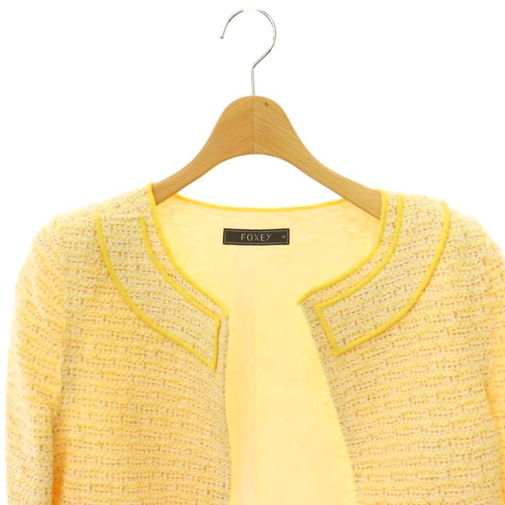 【極美品】FOXEY　フォクシー　ノーカラージャケット　ツイードイエロー フォクシー FOXEY コットン ツイード フリンジ ノーカラージャケット