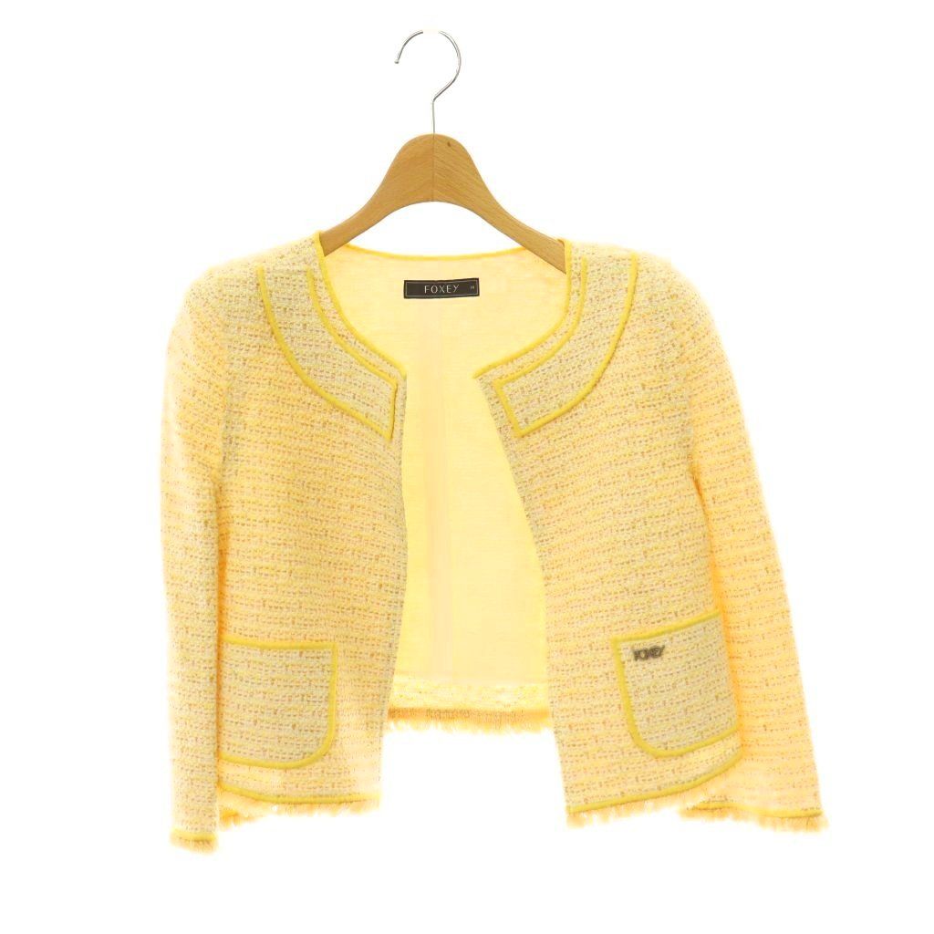フォクシー FOXEY コットン ツイード フリンジ ノーカラージャケット 七分袖 38 黄色 イエロー 30951 /HS ■OS 15,900円