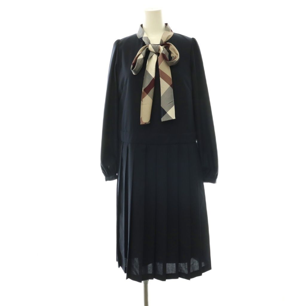ブルーレーベルクレストブリッジ BLUE LABEL CRESTBRIDGE コットンライクナチュラルローンボウドレス ワンピース チェック ミモレ丈 ロング 長袖 36 濃紺 ダークネイビー /HS ■OS
