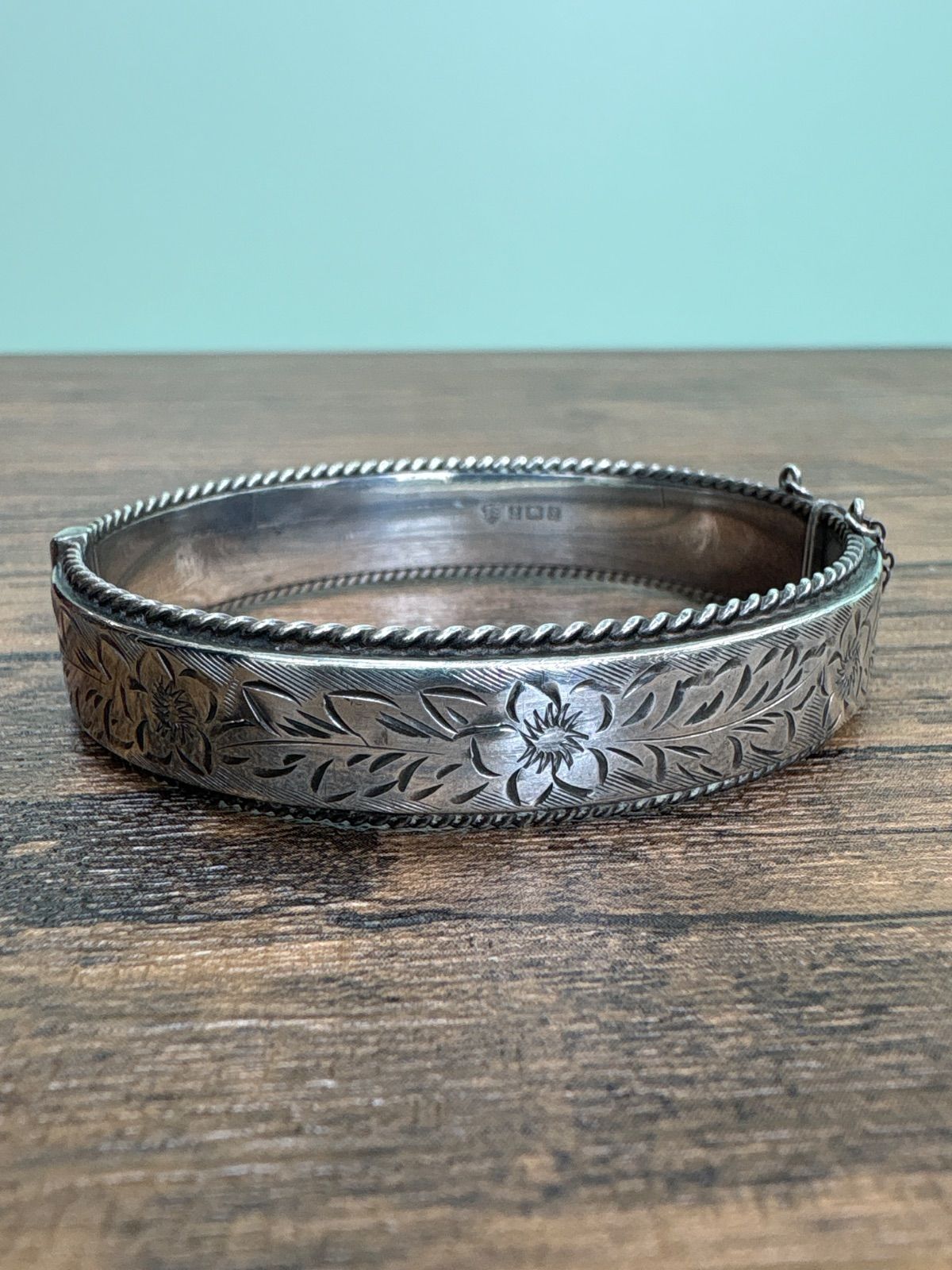 推定70s 英国 Vintage Sterling Silver Bangle 花柄 ※チェーン切れ※ 送料無料♪