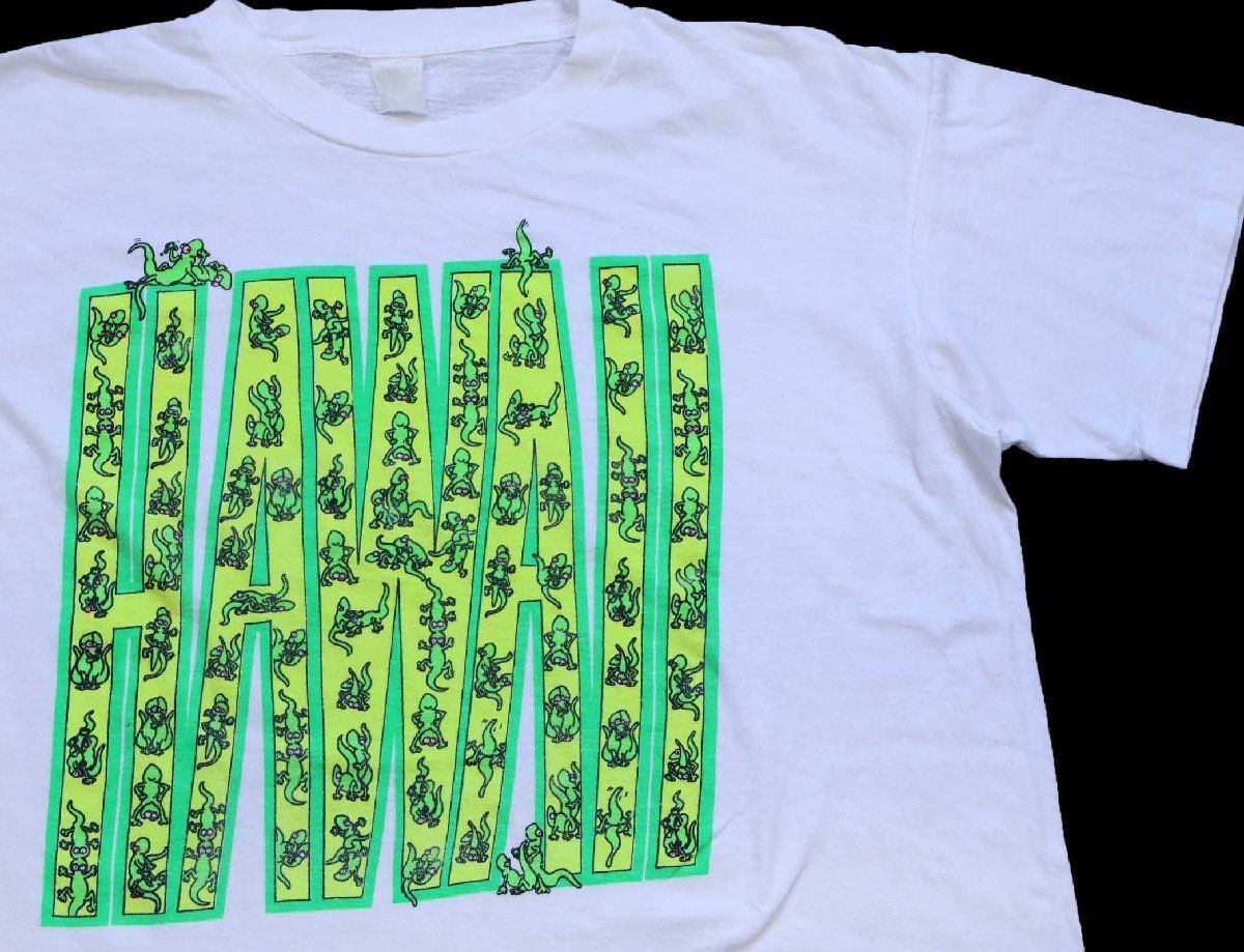 80s HAWAII ハワイ トカゲ 四十八手 エロ 蛍光 染み込みプリント コットンTシャツ 白★ビンテージ オールド 48手 ホワイト ビッグサイズ 9,360円