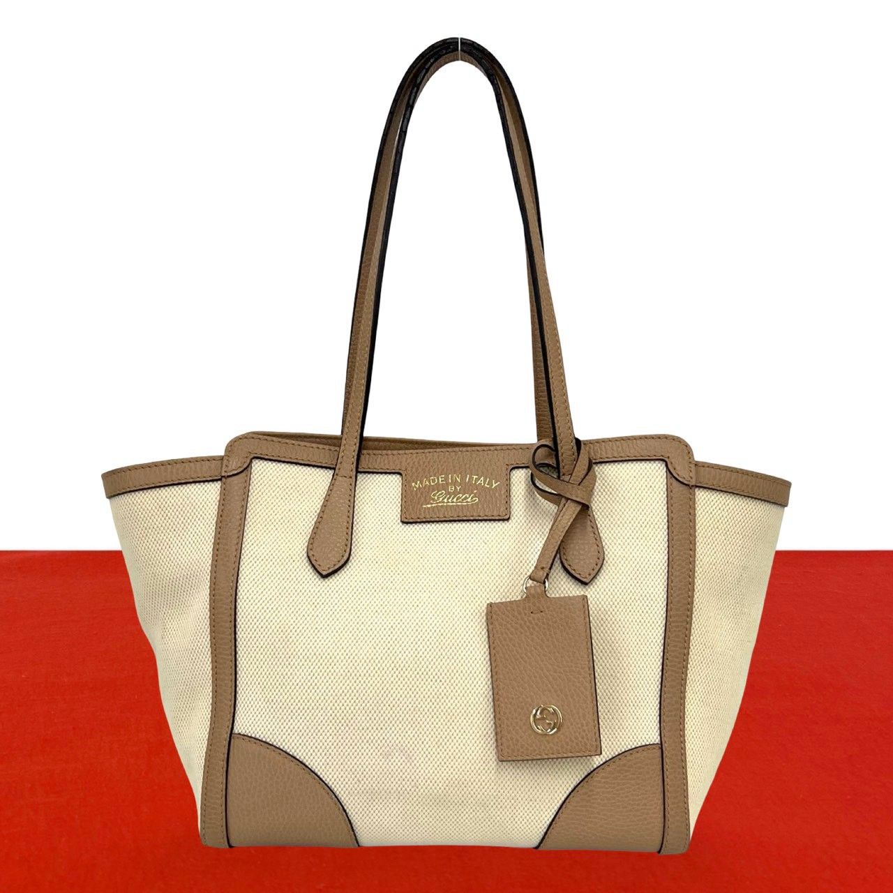 極 美品 希少品 GUCCI グッチ スウィング ロゴ キャンバス レザー 本革 トートバッグ セミ ショルダバッグ ベージュ ブラウン 71733