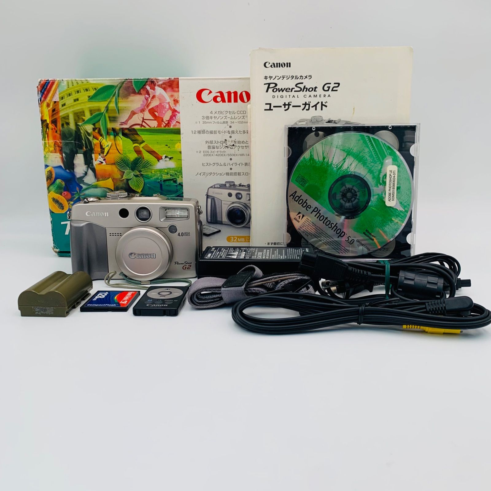 【美品】CANON PowerShot G2 元箱•取説•ACアダプター•CFカード•リモコン•ストラップ (0808) 9,916円