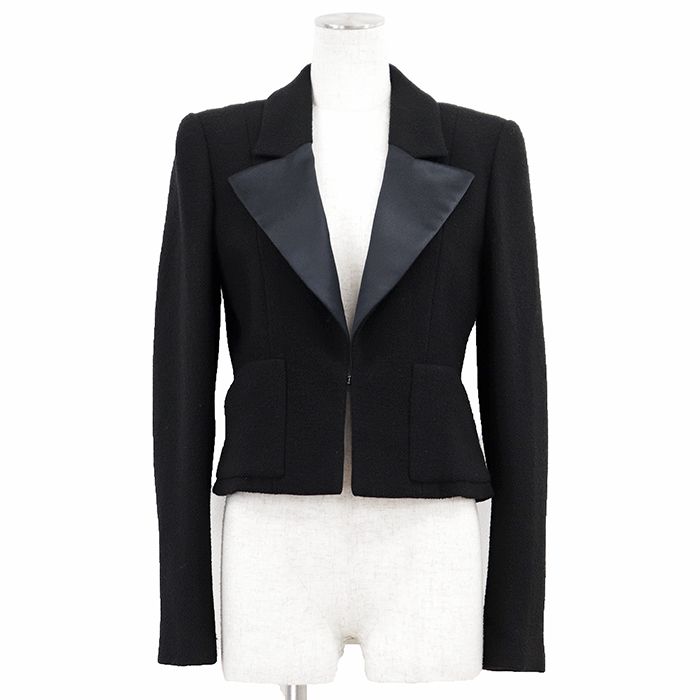 【美品】CHANEL シャネル ジャケット サテン ツイード サイズ 38 レディース 03C P20348 カメリアボタン ピークドラペル アウター ブラック 黒 フランス製 カール・ラガーフェルド期