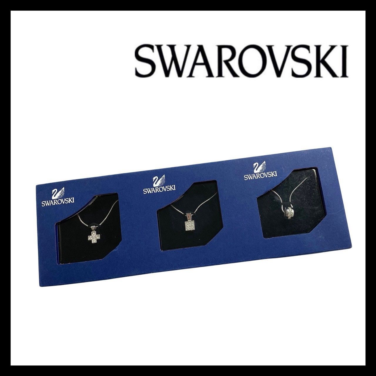 【SWAROVSKI】ネックレス 3点セット クロス/十字架 ダイス キューブ スクエア リング サークル パヴェ クリスタル シルバーカラー スネークチェーン ペンダント スワロフスキー (SER-8149)