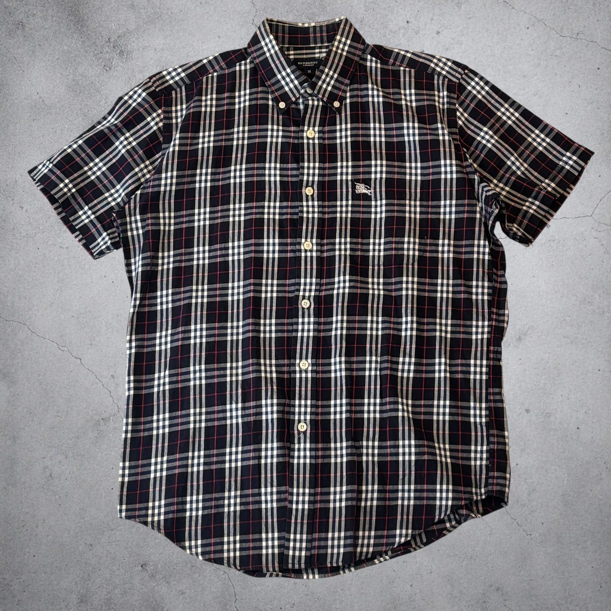 BURBERRYS LONDON S/S SHIRT バーバリーロンドン 半袖チェックシャツ XL ネイビーベース 紺 刺繍 古着