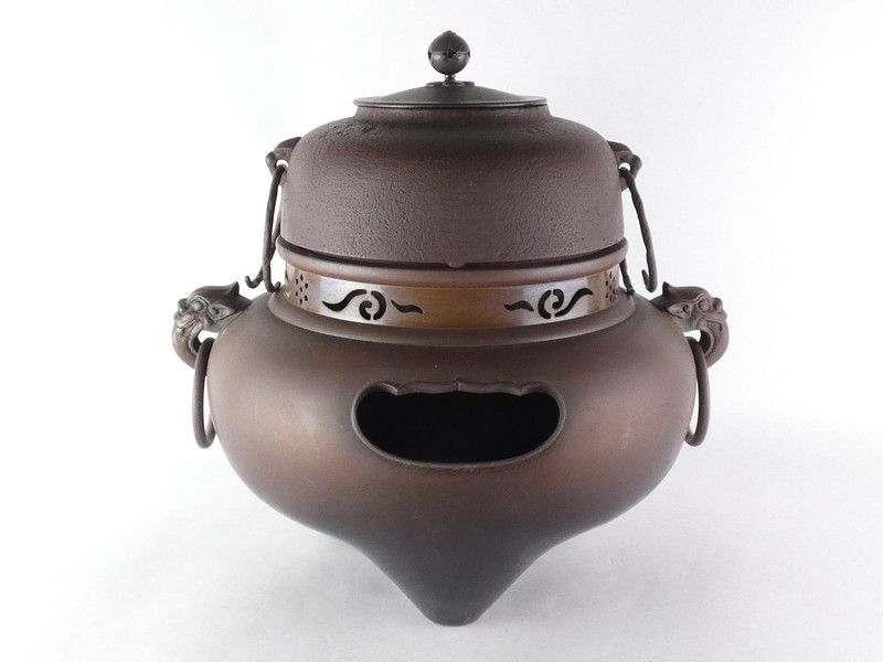 般若勘渓 作「唐銅 鬼面風炉」畠春斎「切合釜」共箱 保証品 茶道具 /K(tk7)