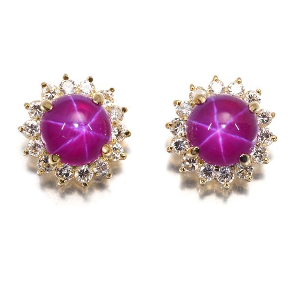 クレサンベール ピアス 合成スタールビー 1.08ct/1.09ct ダイヤ ダイヤモンド 一粒 ハロー K18YG ソ #199332