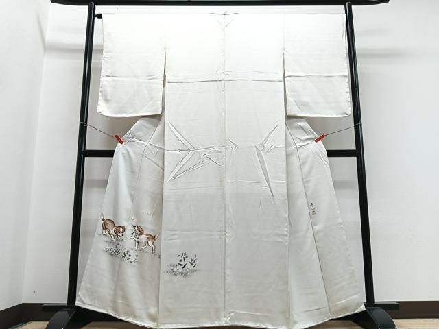 平和屋着物●訪問着　作家物　手描き　犬　舞蝶花文　正絹　逸品　CABH4169xe