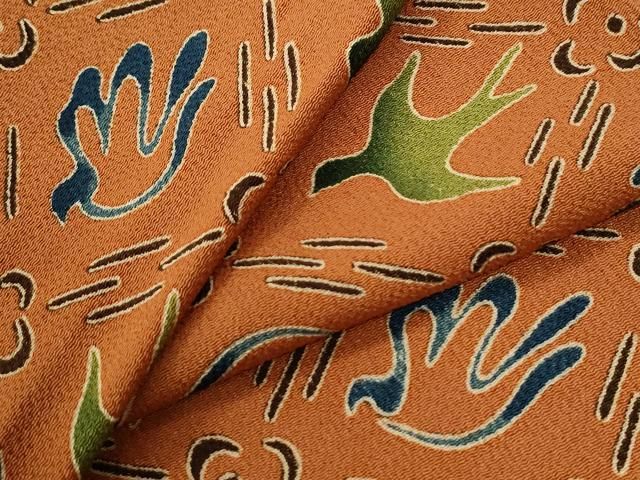 平和屋着物●上質な小紋　型染め　花繋ぎ飛鳥文　鬼しぼ縮緬　正絹　逸品　未使用　CABI2770yc
