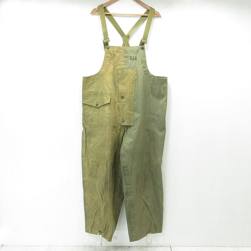 【三重本店】 中古 MILITARY衣料 | ミリタリーイリョウ N-2レインデッキパンツ 40's NAVY DEPARTMENT ネイビーデパートメント 米海軍 サロペット NXsx-38180 カーキグリーン サイズ：L(US) 【107】