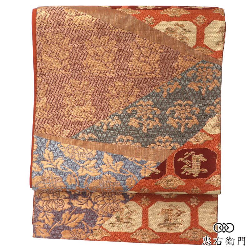 袋帯 フォーマル 正絹 六通柄 赤茶 名物裂 花兎 花唐草 長さ432cm 幅31cm お茶会 お祝い 食事会 仕立て上がり帯 レディース 女性用 着物 送料無料 即日発送
