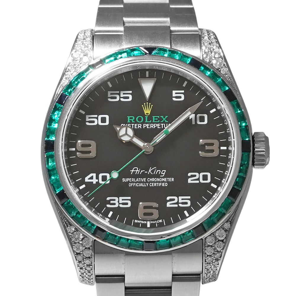 ベゼルアフターエメラルド×ブラックダイヤ ROLEX エアキング カスタム ROLEX Ref.116900 中古品 ブラック メンズ 腕時計