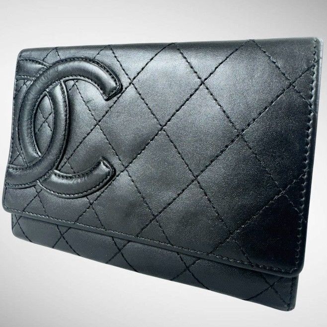 【美品】CHANEL シャネル カンボンライン フラップ ミディアム 二つ折り 長財布 ブラック