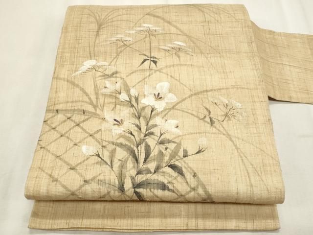 平和屋着物＊夏物　九寸名古屋帯　手描き　籬桔梗文　麻　逸品　CABL2230fb