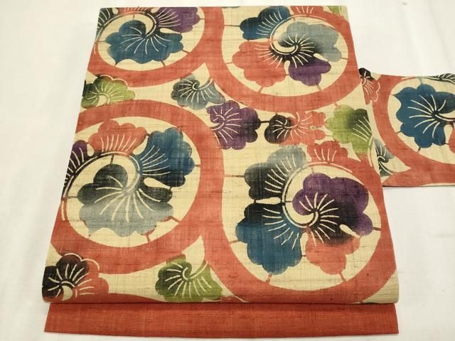 平和屋着物＊夏物　全通柄　九寸名古屋帯　紬地　型染め　花唐草文　正絹　逸品　CABL2231fb