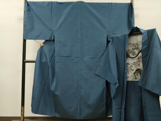 平和屋着物●男性　紬　アンサンブル　長羽織セット　青藍色　キングサイズ　正絹　逸品　DABH7955fe