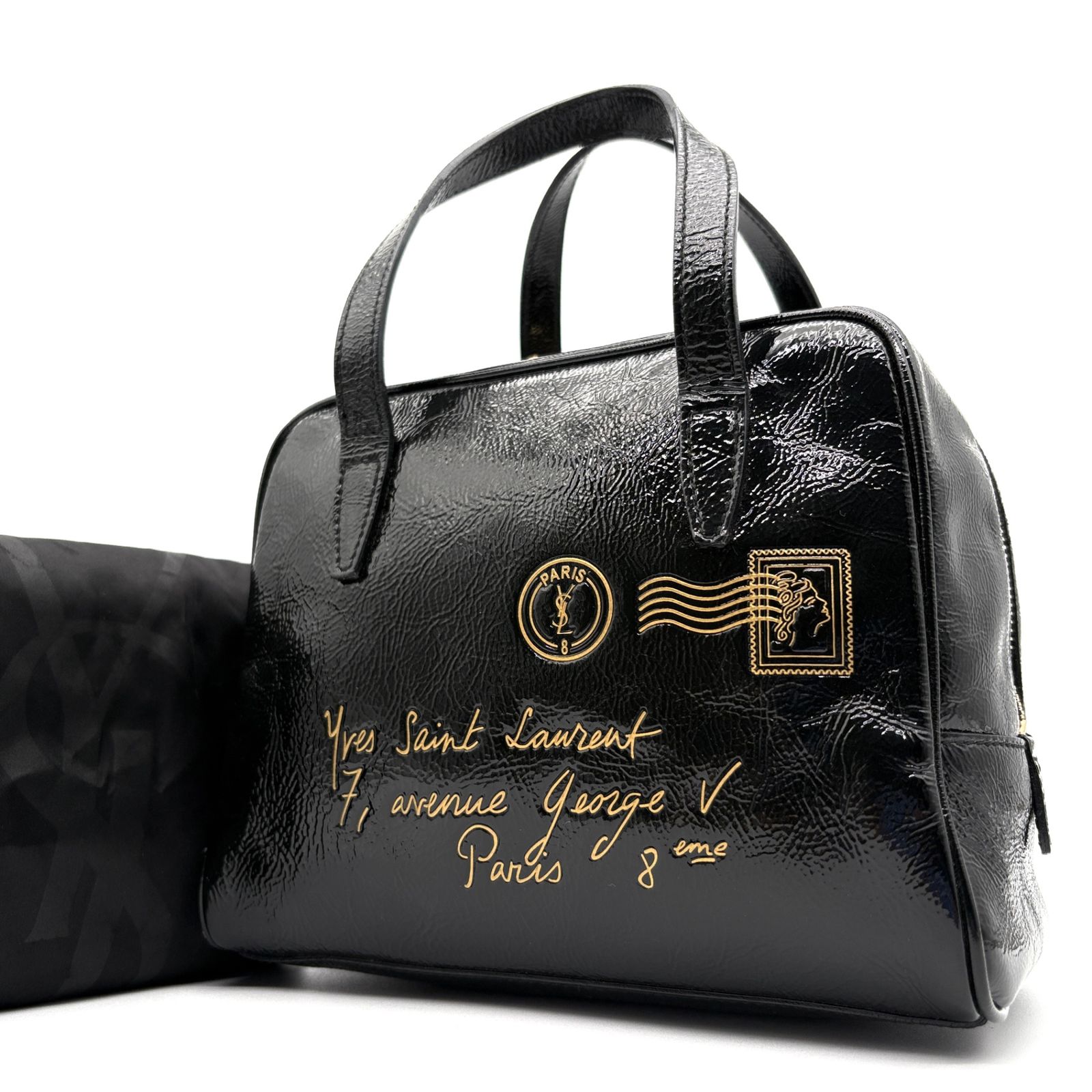 極美品 イヴサンローラン YVES SAINT LAURENT Yメール ハンドバッグ ミニボストン パテントレザー エナメル ブラック 黒 夏休み お盆 帰省 シルバーウィーク 敬老の日 秋 ハロウィン 七五三 ギフト プレゼント