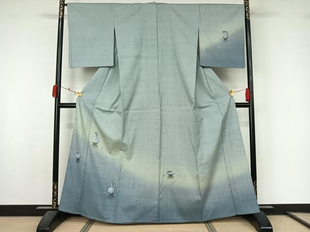 平和屋着物▽訪問着 単衣 紬地 作家物 手描き 陶器文 暈し染め 正絹 逸品 AABL0358jh