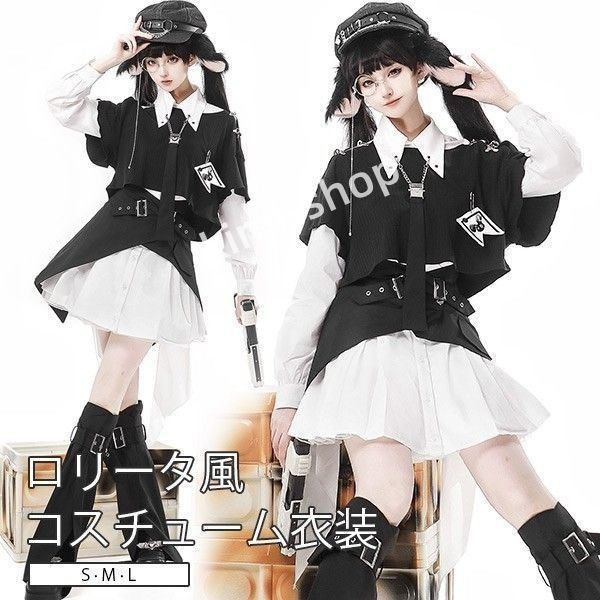 ワンピース ロリータ アイドル風 バンド風 ハロウィン ショート丈 レディース 春 秋冬服 ゴスロリ Aライン ロリィタファッション 長袖 ロリータワンピース コスチューム コスプレ 衣装 仮装 パーティ イベント ブラック ホワイト
