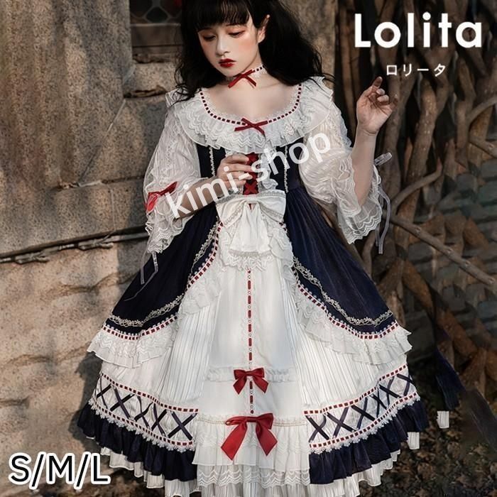 ロリータワンピース クラロリ ホワイト 白 レディース lolita リボン ロリータ 袖付き 膝丈 小柄